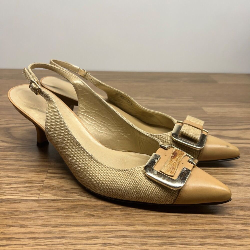 Stuart Weitzman 9.5 M Beige Flax Leather Cap Toe Bow‎ Slingback Pump Kitten Heel
